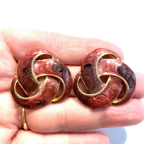 Vintage 1980’s Pierced Earrings Chunky Boss Lady Swirl Enamel Goldtone Pink Rose - Picture 6 of 6